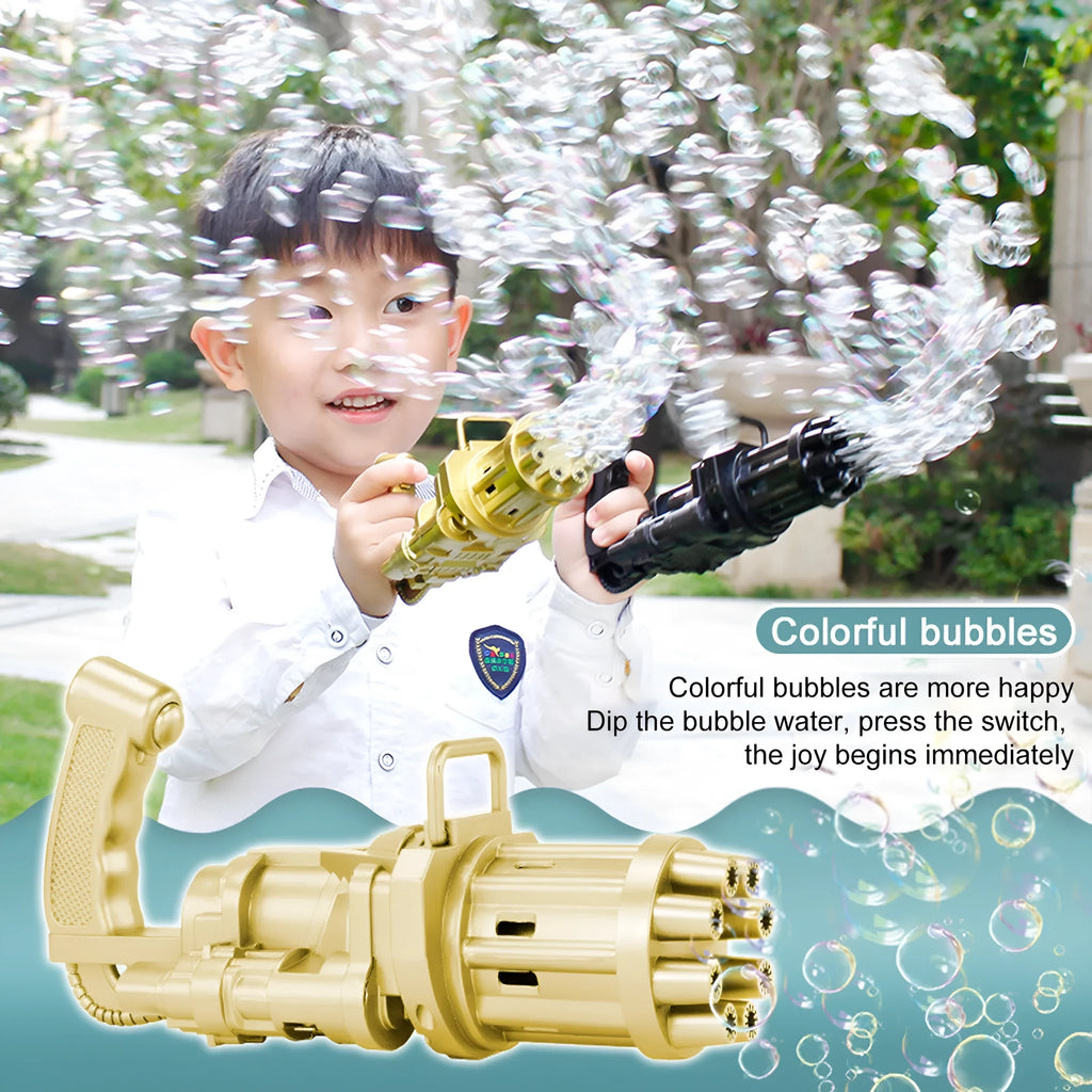 Kids plastic bubble machine gun toy in pink, gold, or black colours with removable bubblehead for fan use.