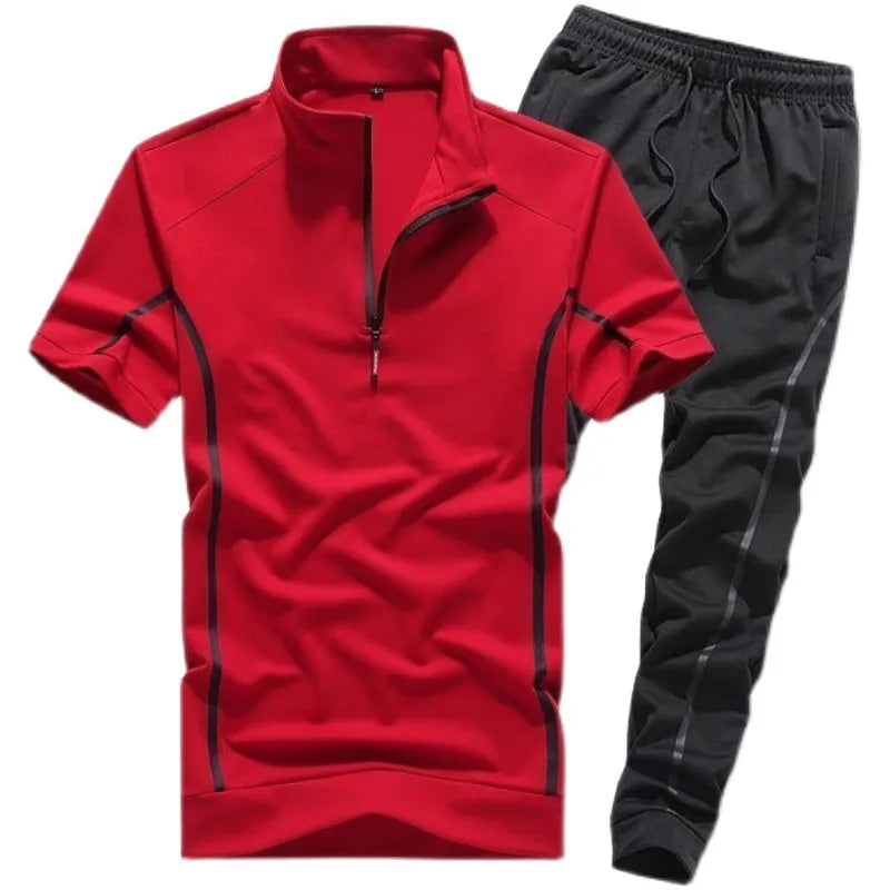 Men's summer sportswear two-piece set with quarter-sleeve top and capri trousers in black suit