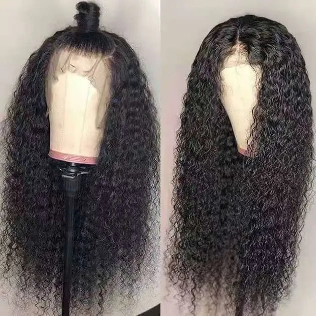Front lace chemical fibre long curly wig in black rose net colour with slanted bang for party fashion