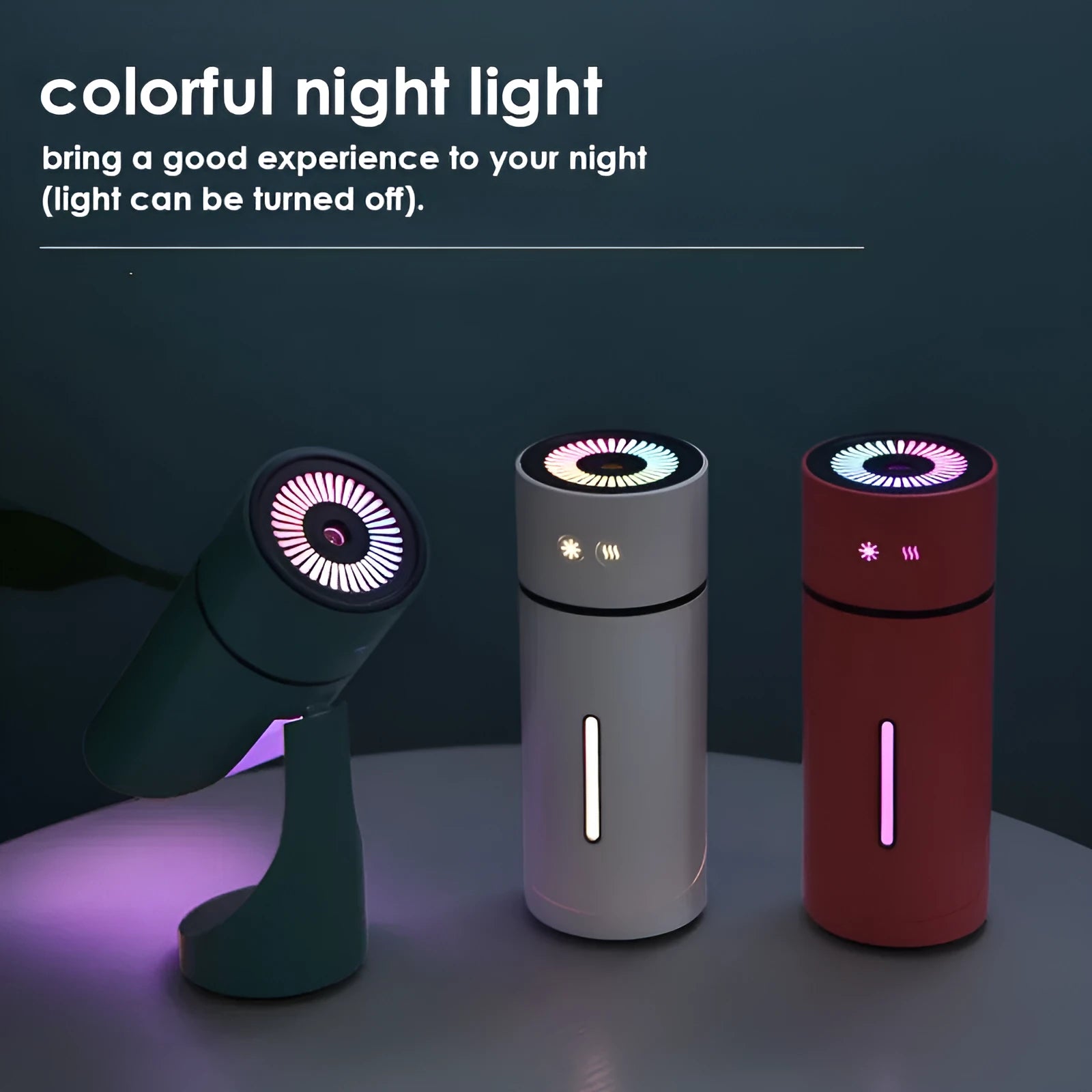 White USB small car desktop humidifier with adjustable angle nozzle and colourful night light on a desk