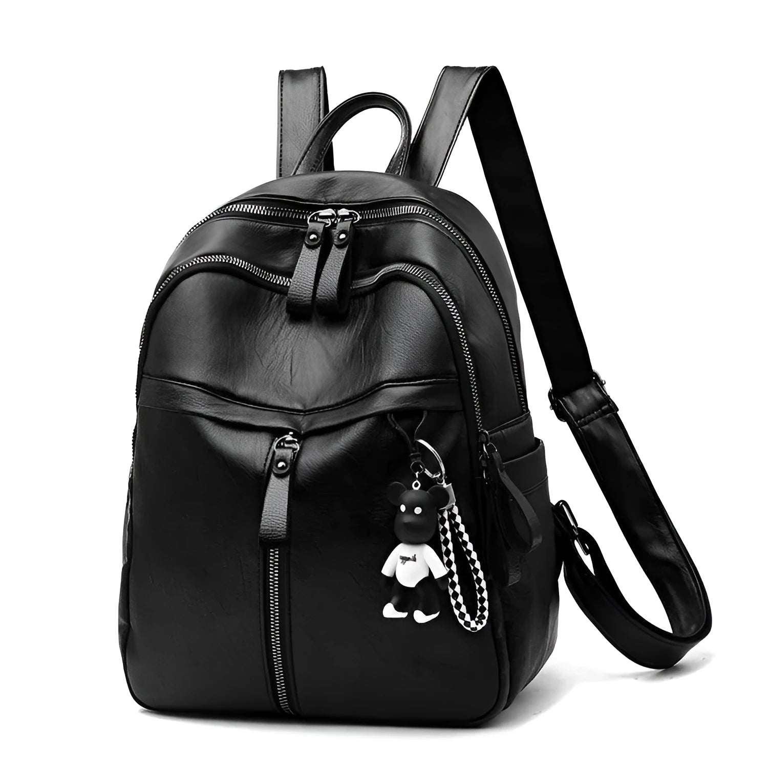 Black PU leather backpack with double straps, shown with and without a decorative pendant.