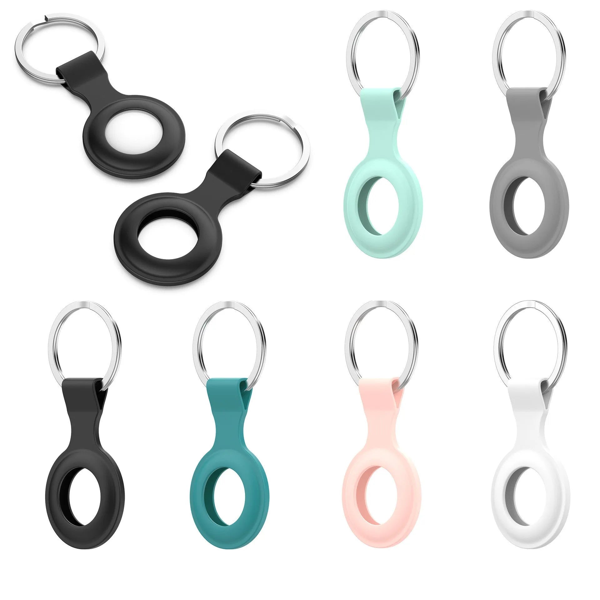 Silicone protective sleeve case for Apple AirTag tracker shown in multiple colour options.