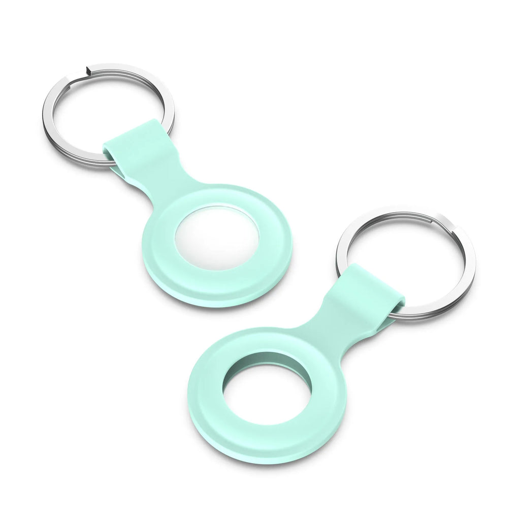 Silicone protective sleeve case for Apple AirTag tracker shown in multiple colour options.