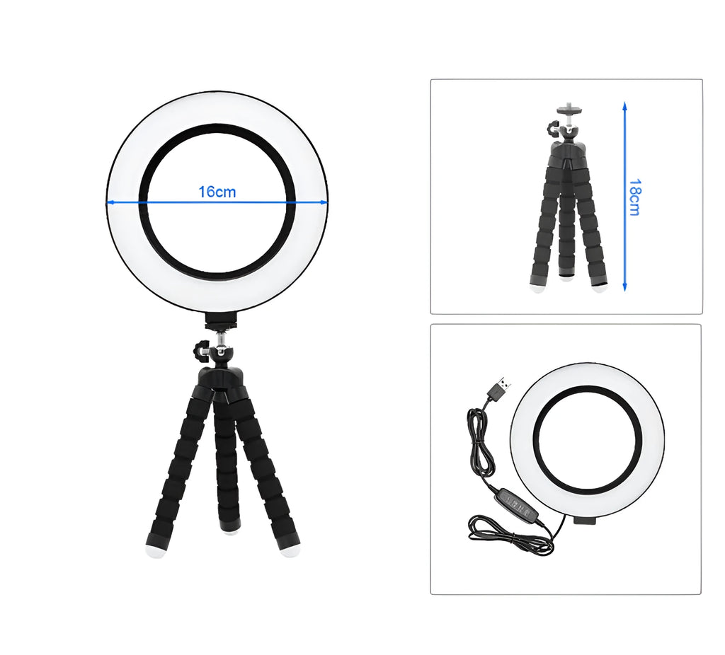 Ring fill light bracket with octopus tripod on desktop, 16cm size, for iPhone compatible video lighting in black