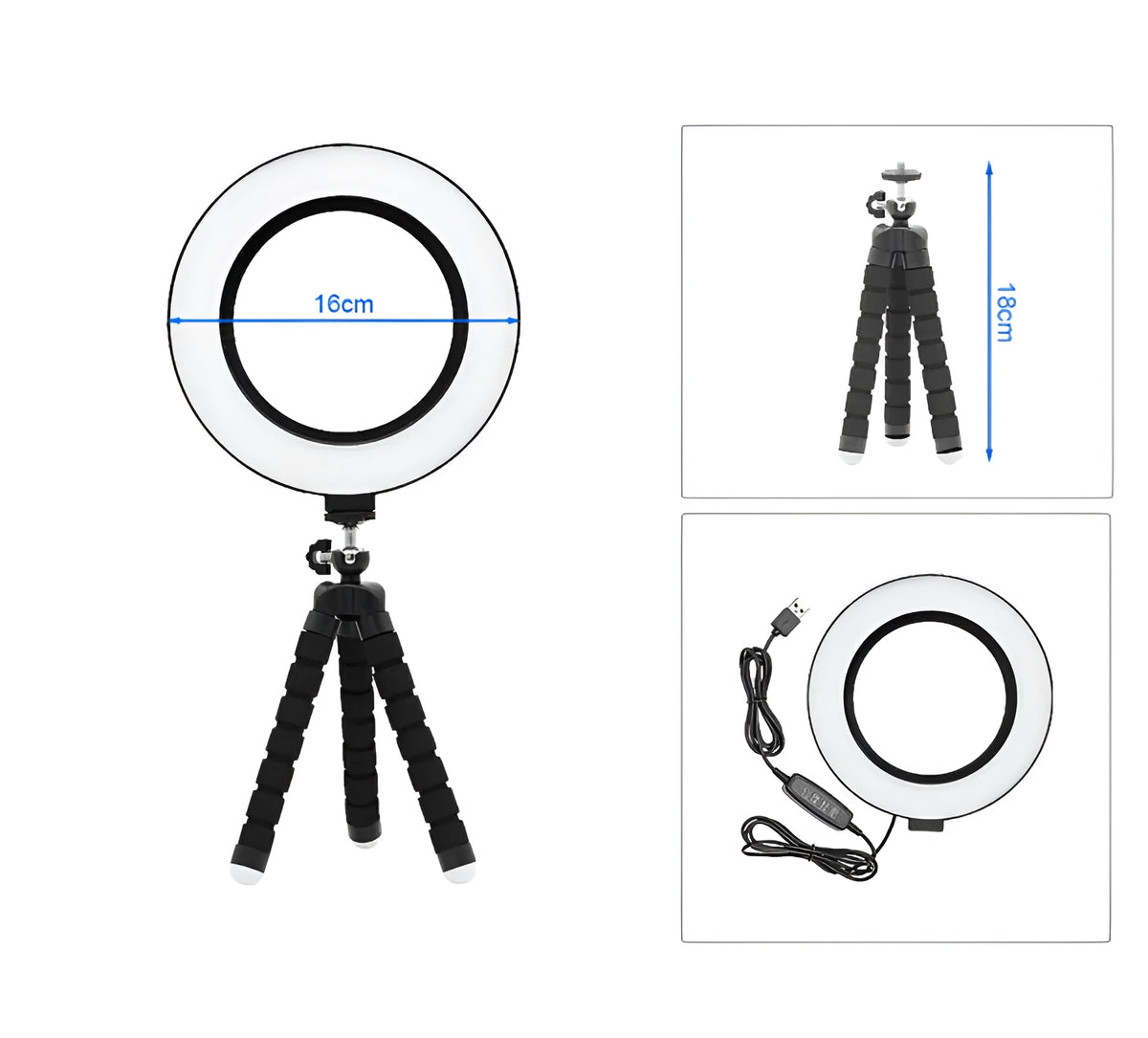 Ring fill light bracket with octopus tripod on desktop, 16cm size, for iPhone compatible video lighting in black