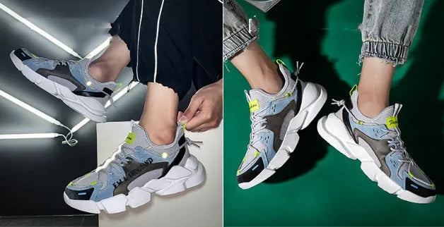 Men's breathable mesh lace-up casual sports shoes with reflective colour blocking, gray moon colour