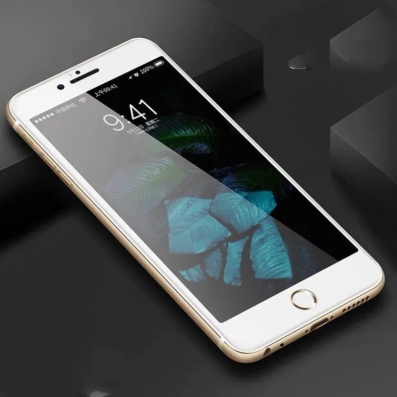 Three tempered glass screen protectors for Apple iPhone models on a white background.