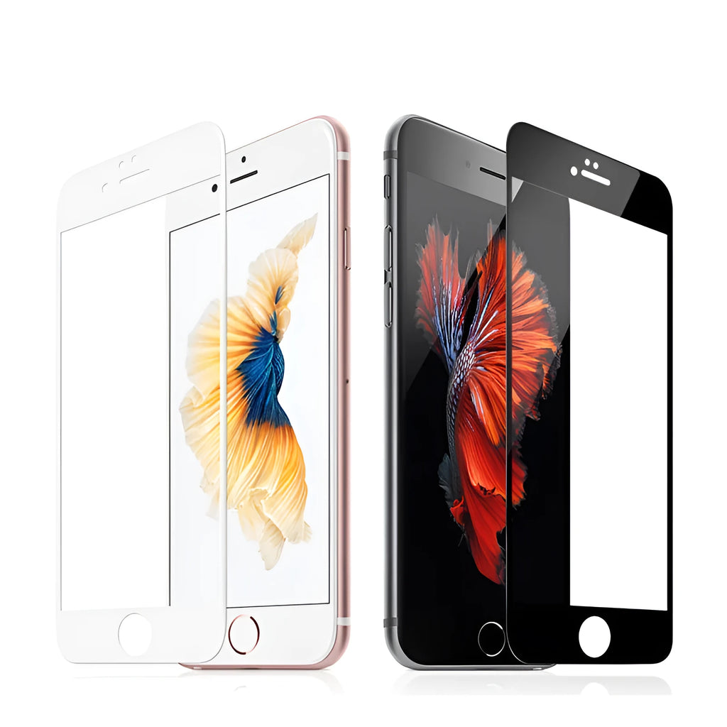 Three tempered glass screen protectors for Apple iPhone models on a white background.