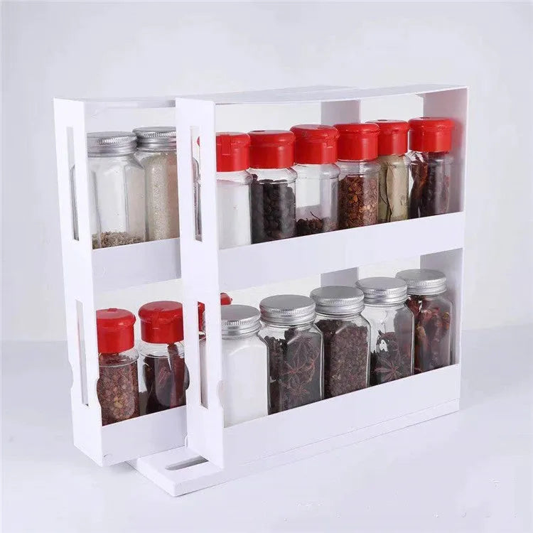 White double rotating kitchen spice organizer rack with 2-tier storage and 100% new plastic construction.