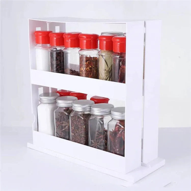 White double rotating kitchen spice organizer rack with 2-tier storage and 100% new plastic construction.