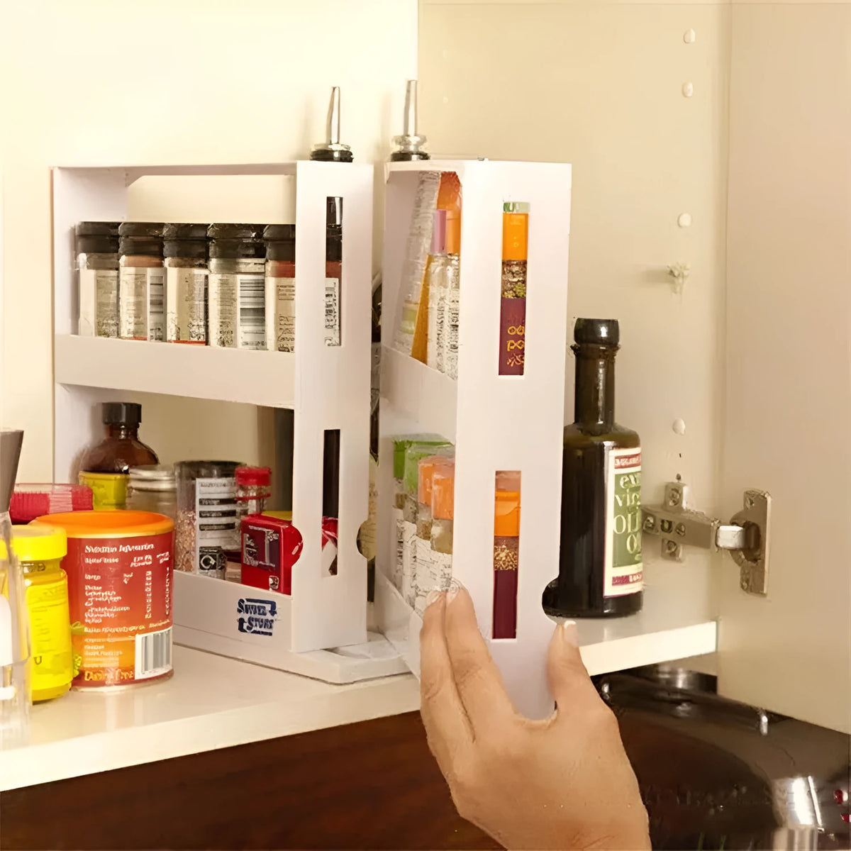 White double rotating kitchen spice organizer rack with 2-tier storage and 100% new plastic construction.