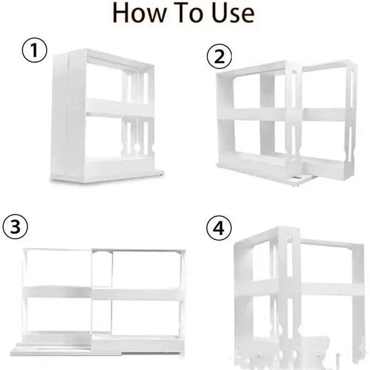 White double rotating kitchen spice organizer rack with 2-tier storage and 100% new plastic construction.