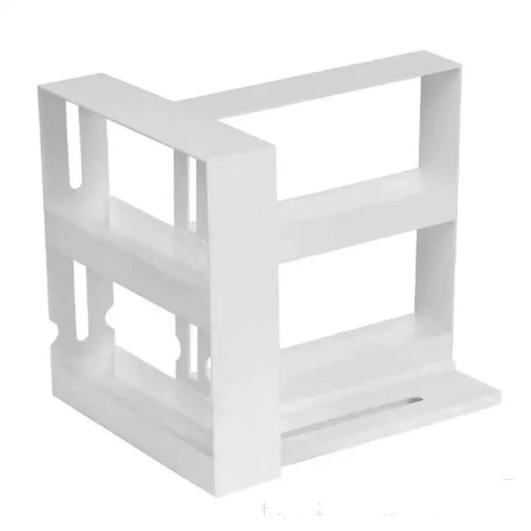 White double rotating kitchen spice organizer rack with 2-tier storage and 100% new plastic construction.