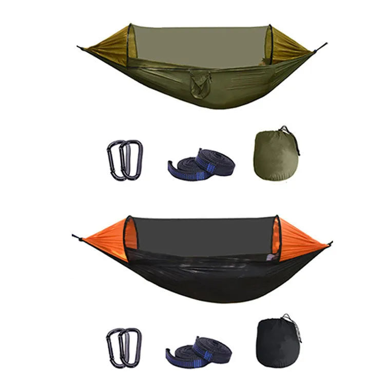 Automatic quick-opening double hammock with mosquito net and sun shades in Army Green Orange set up between trees outdoors
