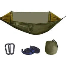 Automatic quick-opening double hammock with mosquito net and sun shades in Army Green Orange set up between trees outdoors