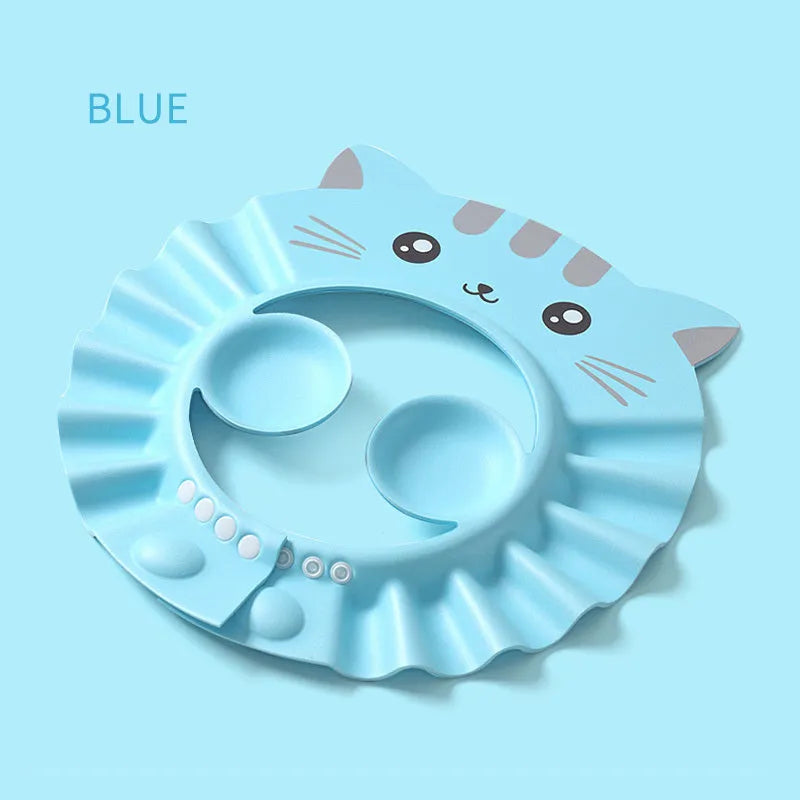 Adjustable baby shower cap with waterproof ear protectors in cartoon pattern