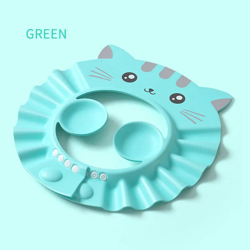 Adjustable baby shower cap with waterproof ear protectors in cartoon pattern