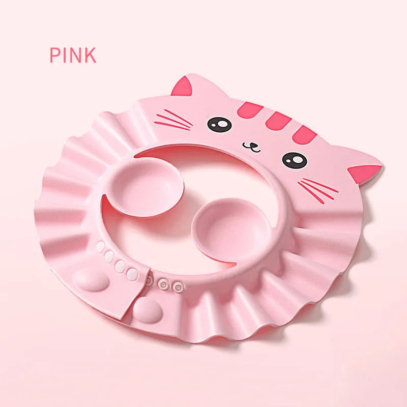 Adjustable baby shower cap with waterproof ear protectors in cartoon pattern