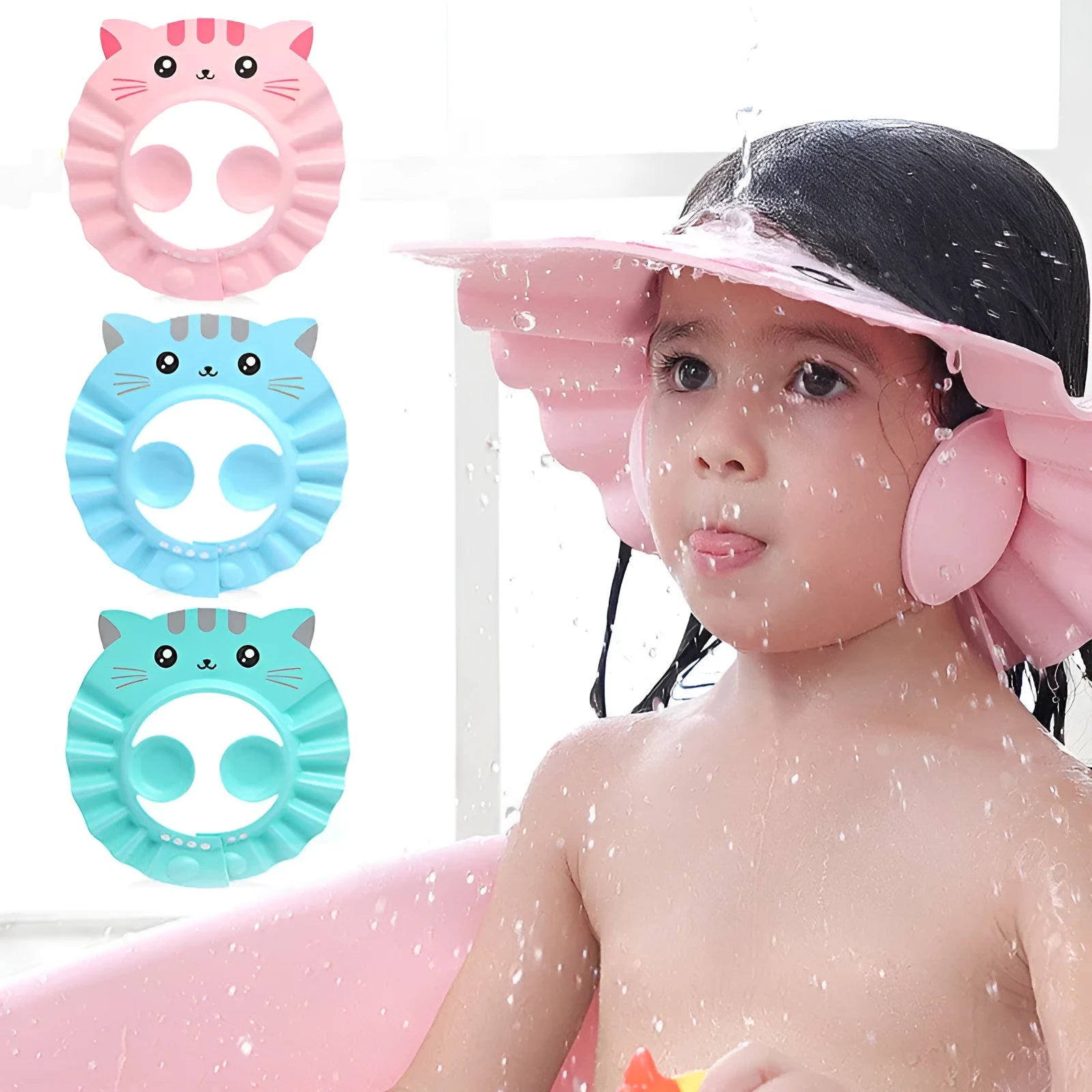 Adjustable baby shower cap with waterproof ear protectors in cartoon pattern