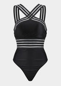 Black one-piece ladies swimsuit with high waist and leopard print stitching on front