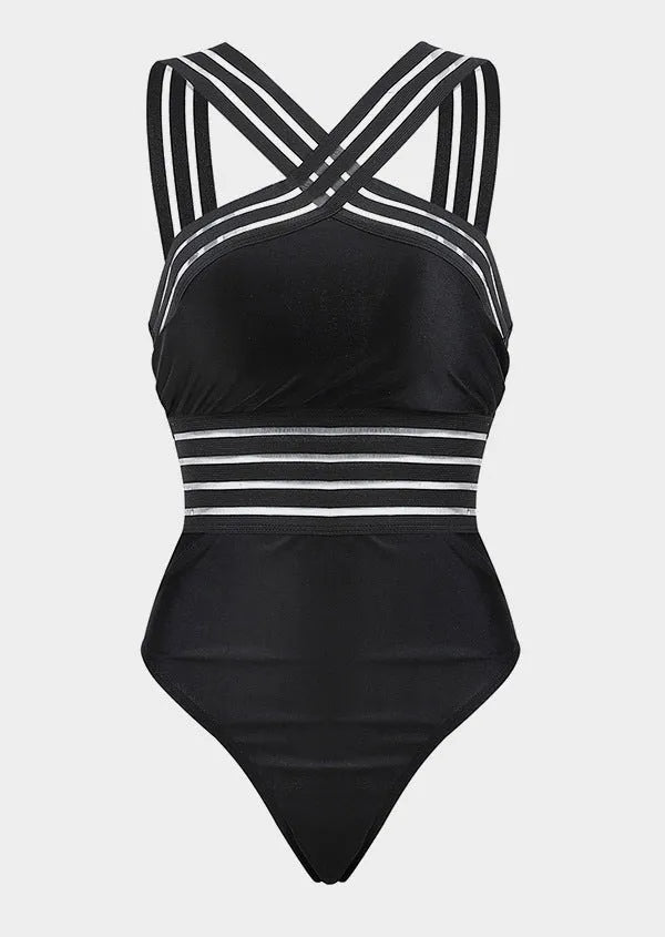 Black one-piece ladies swimsuit with high waist and leopard print stitching on front