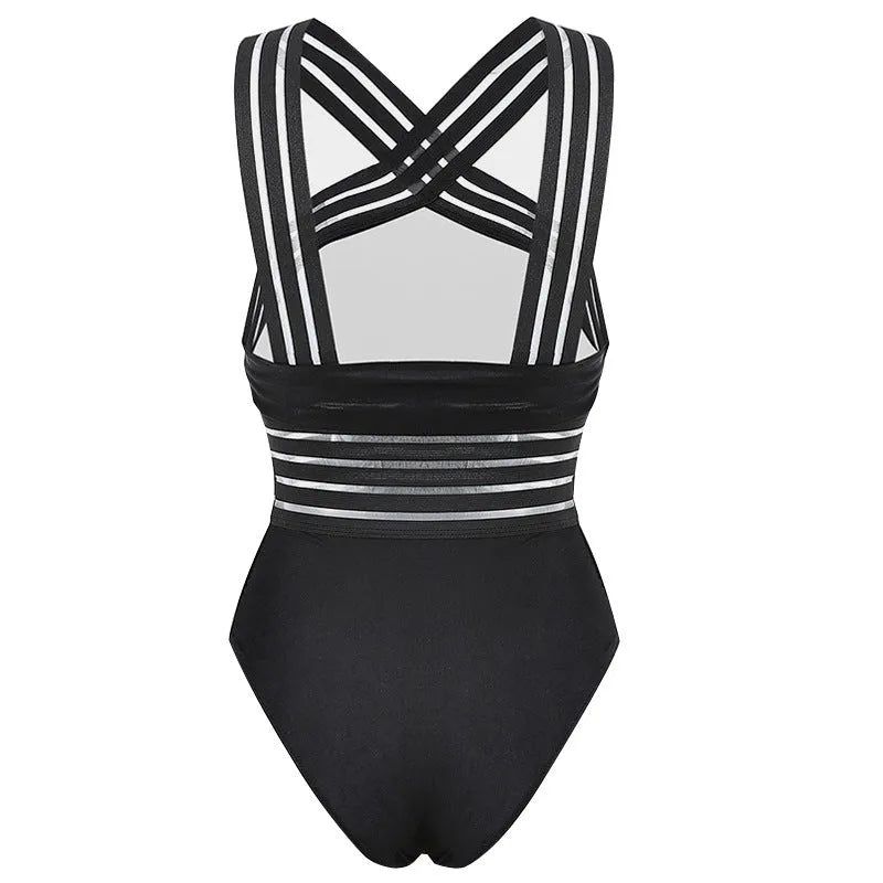 Black one-piece ladies swimsuit with high waist and leopard print stitching on front