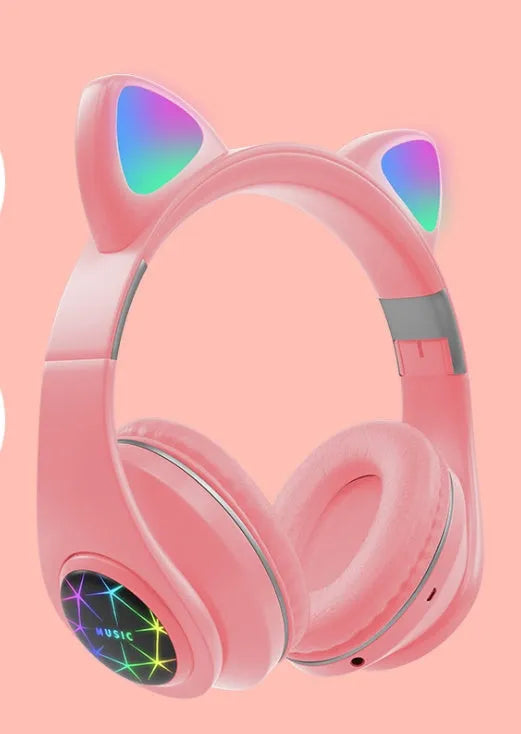 Colourful cat ear Bluetooth wireless headset with LED lights shown in multiple colour options.