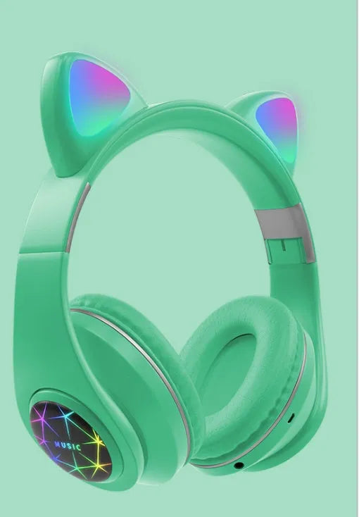 Colourful cat ear Bluetooth wireless headset with LED lights shown in multiple colour options.