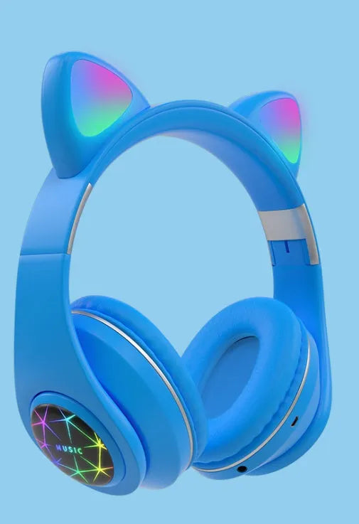 Colourful cat ear Bluetooth wireless headset with LED lights shown in multiple colour options.