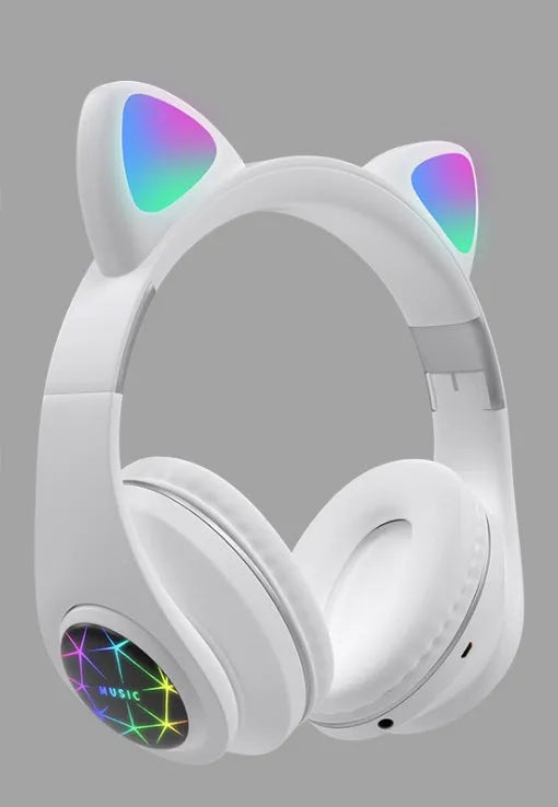 Colourful cat ear Bluetooth wireless headset with LED lights shown in multiple colour options.