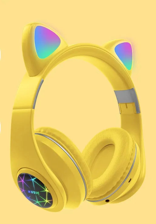 Colourful cat ear Bluetooth wireless headset with LED lights shown in multiple colour options.