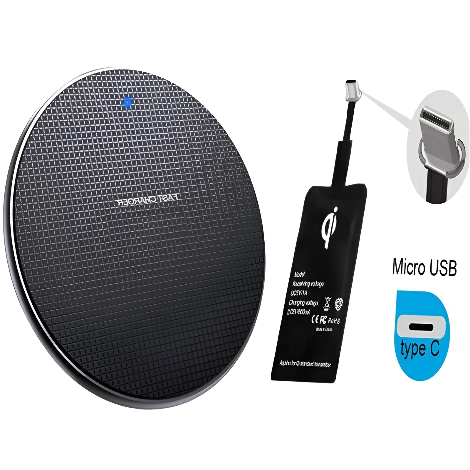 Black aluminum wireless charging pad with phone showing charging indicator light
