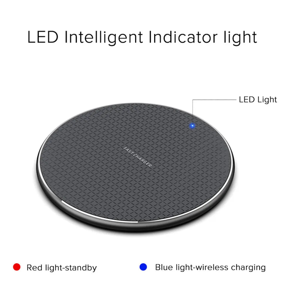Black aluminum wireless charging pad with phone showing charging indicator light