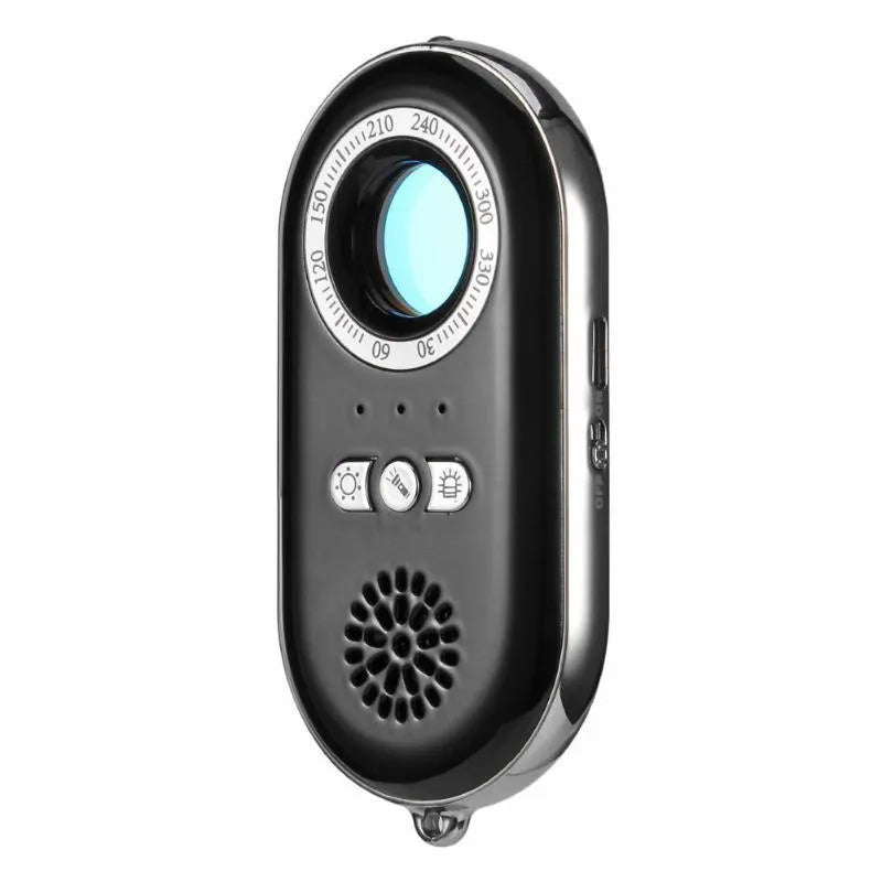 A slim, black wireless signal detector with vibration alarm for travel anti-theft security.