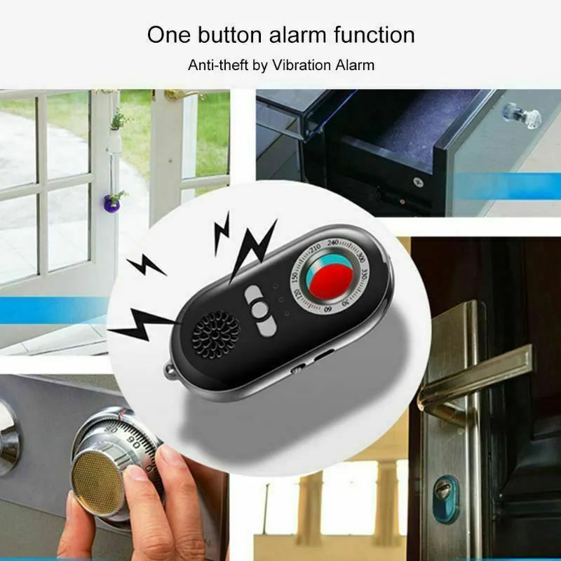 A slim, black wireless signal detector with vibration alarm for travel anti-theft security.