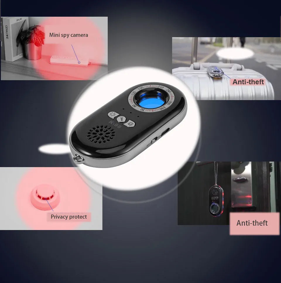 A slim, black wireless signal detector with vibration alarm for travel anti-theft security.