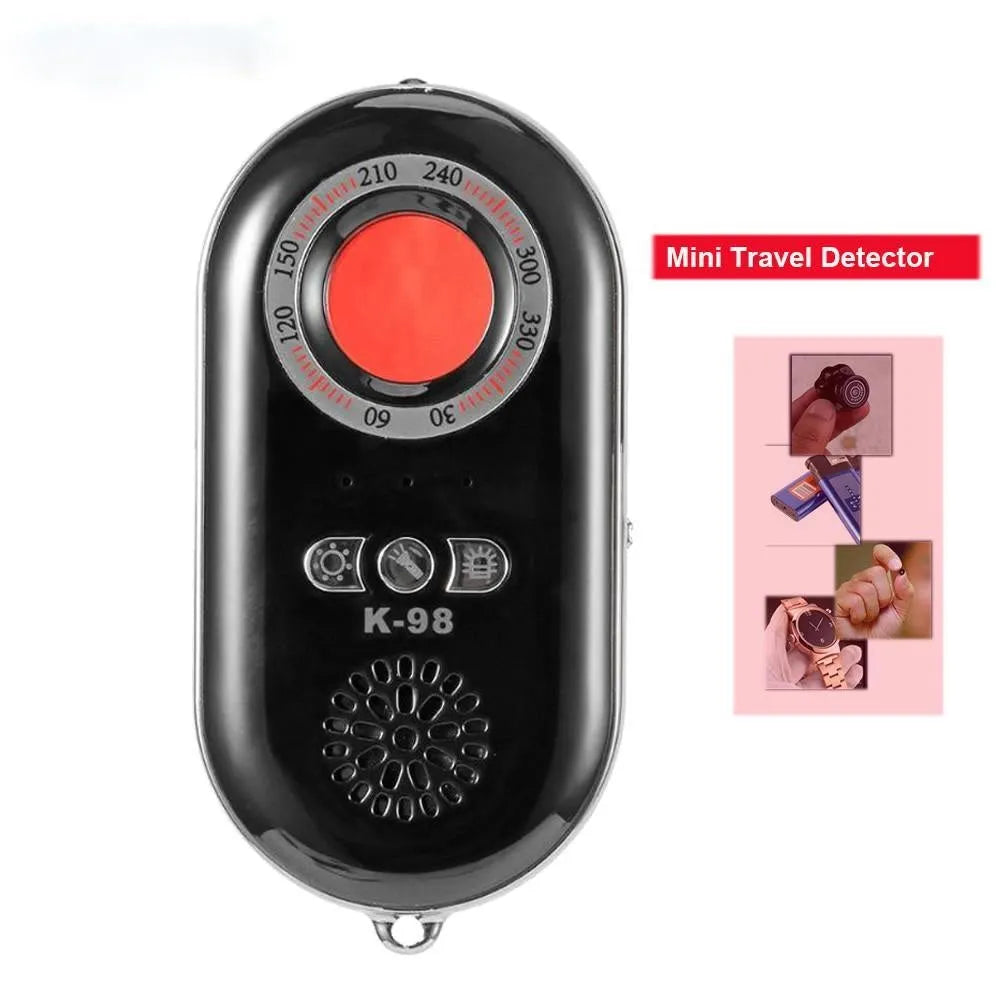 A slim, black wireless signal detector with vibration alarm for travel anti-theft security.