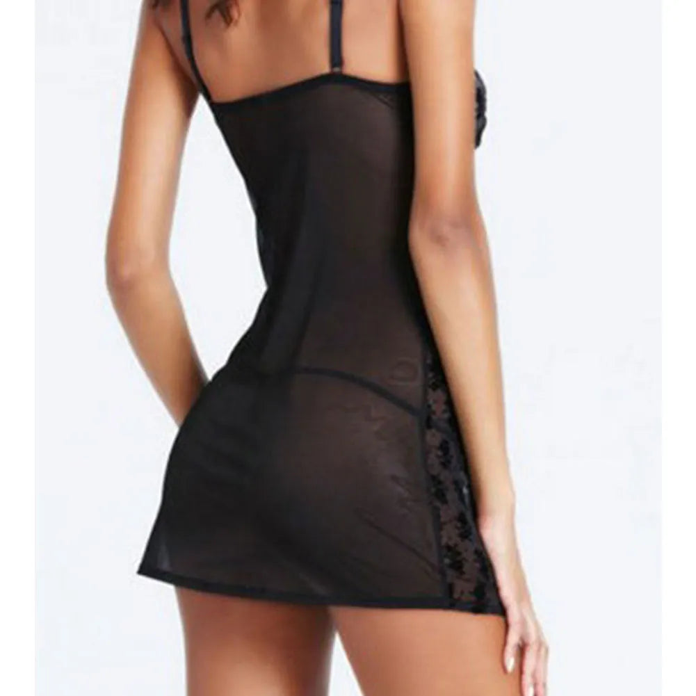 Rose pattern mesh sling lingerie in black, front view, for women
