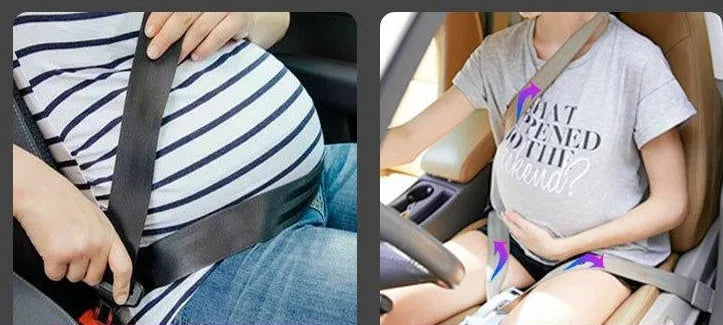 Black car seat belt cover for pregnant women with ABS injection frame, 60x200mm size on co-pilot belt