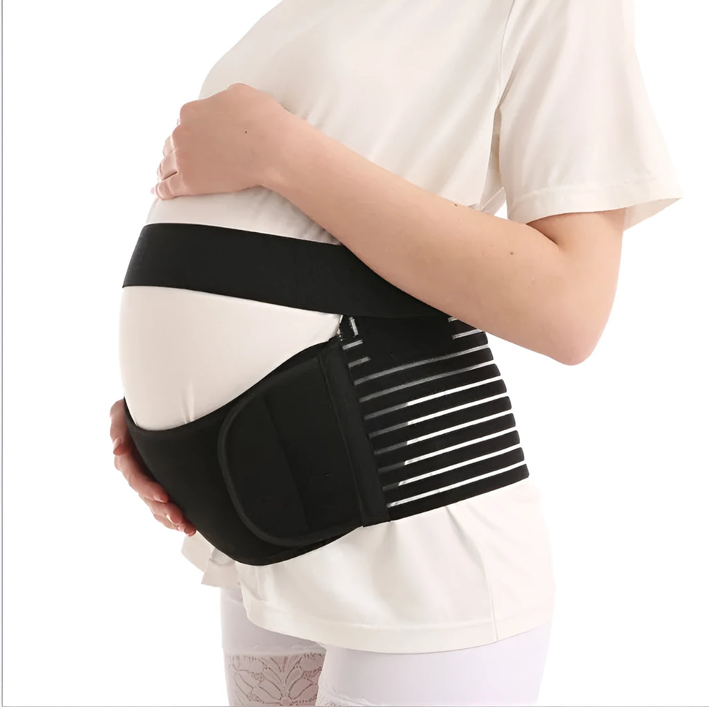 Pregnant belly support belt with adjustable Velcro, breathable elastic, black colour, side view