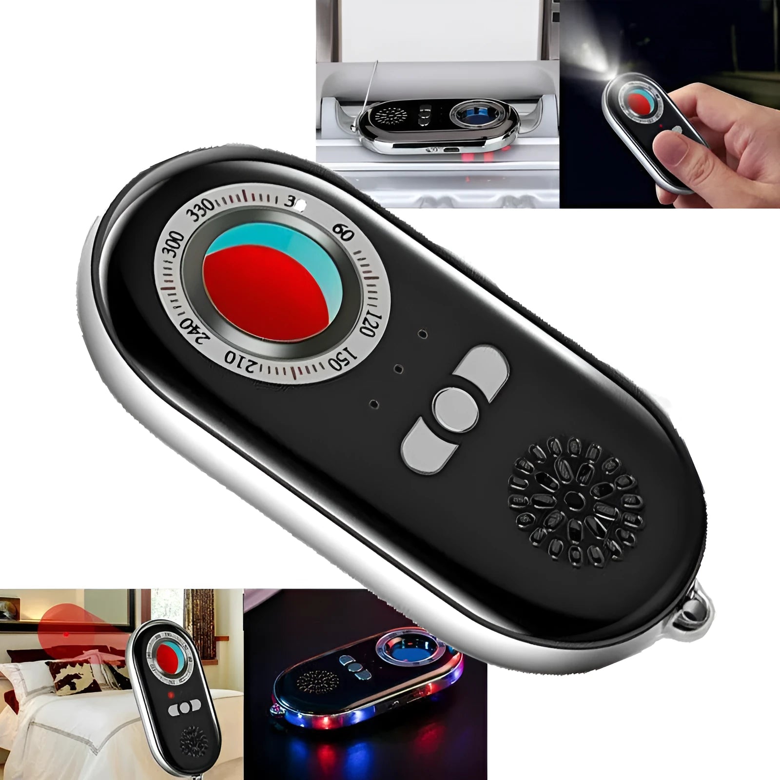A slim, black wireless signal detector with vibration alarm for travel anti-theft security.