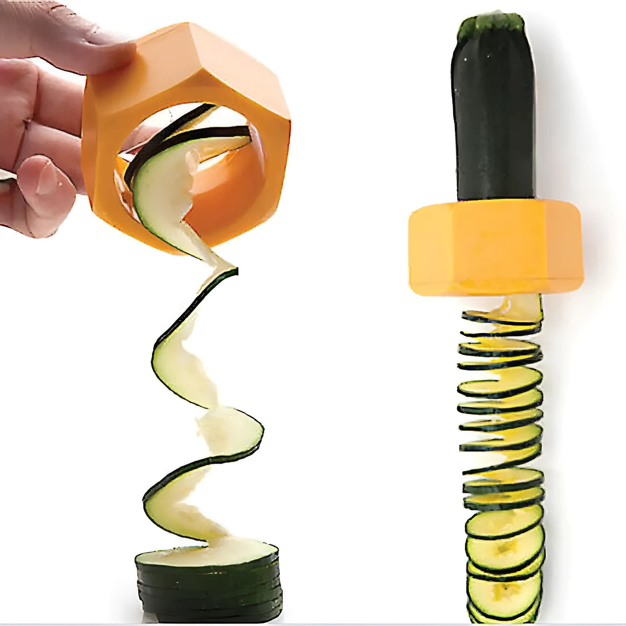 Yellow and green plastic spiral vegetable cutter for slicing cucumber, 8cm in diameter.