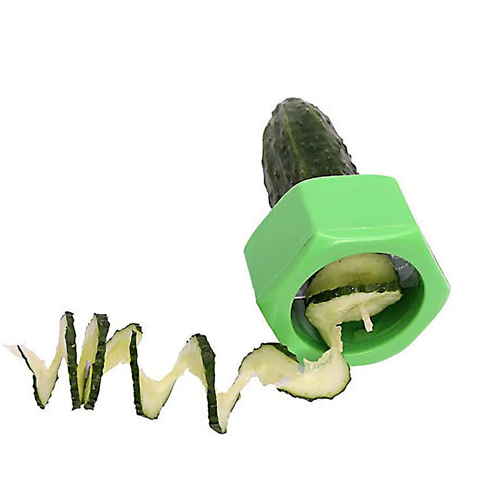 Yellow and green plastic spiral vegetable cutter for slicing cucumber, 8cm in diameter.