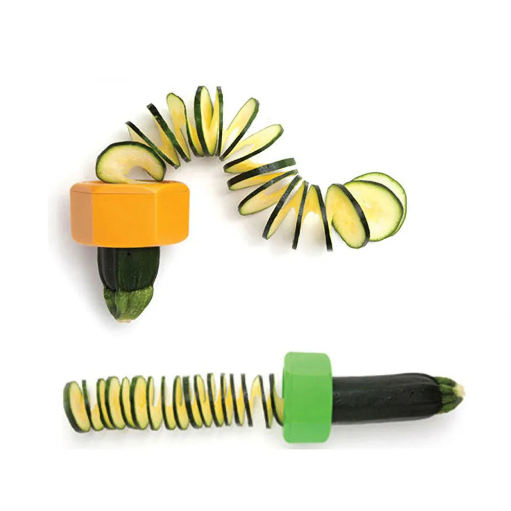 Yellow and green spiral vegetable cutter made from food-grade ABS plastic for cucumbers
