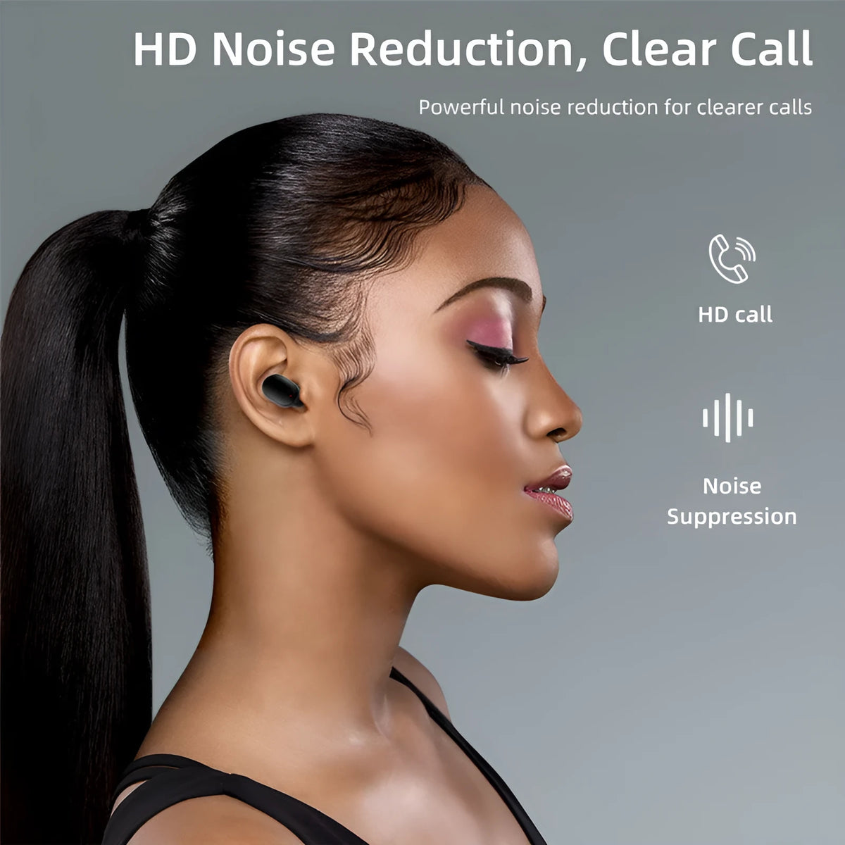 Black wireless Bluetooth 5.0 earbuds with charging box, smart touch control, and 15m range