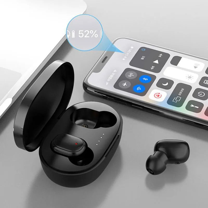 Black wireless Bluetooth 5.0 earbuds with charging box, smart touch control, and 15m range