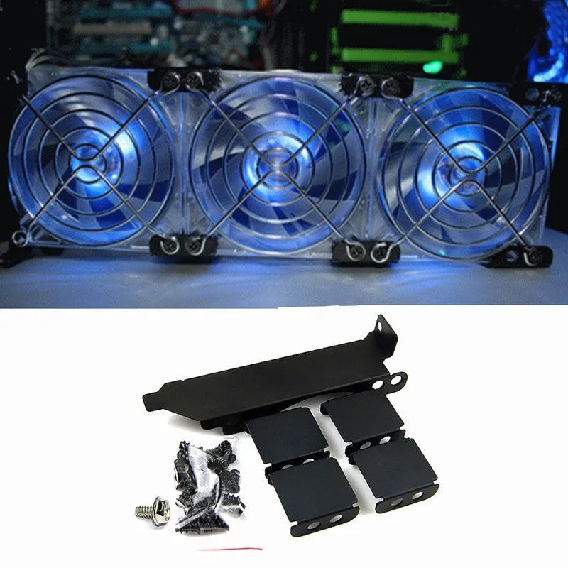 Silver graphics card cooling fan bracket with three adjustable support arms for 8cm and 9cm fans
