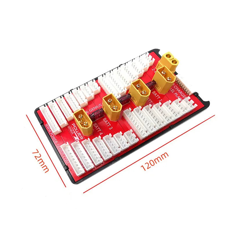 V2 parallel charging board for RC batteries with multiple balance ports and T-plug connectors.