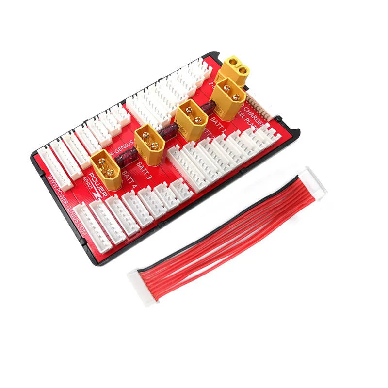 V2 parallel charging board for RC batteries with multiple balance ports and T-plug connectors.