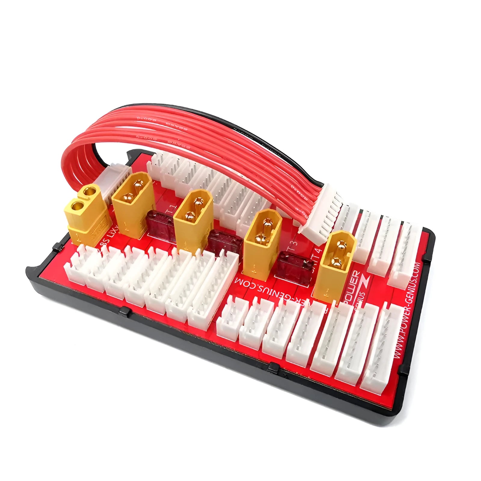 V2 parallel charging board for RC batteries with multiple balance ports and T-plug connectors.